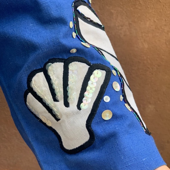 ibe Vintage 1980s Blue Linen Sea Shell Blazer Size 6 Novelty Print - Picture 8 of 12